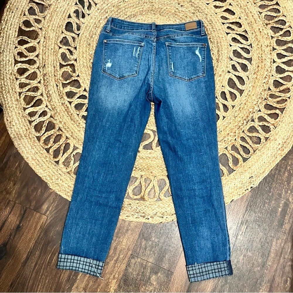 Judy Blue Jeans Womens 1/30 Plaid Print Cuff Slim Fit Medium Blue Stretch Denim - Picture 4 of 4
